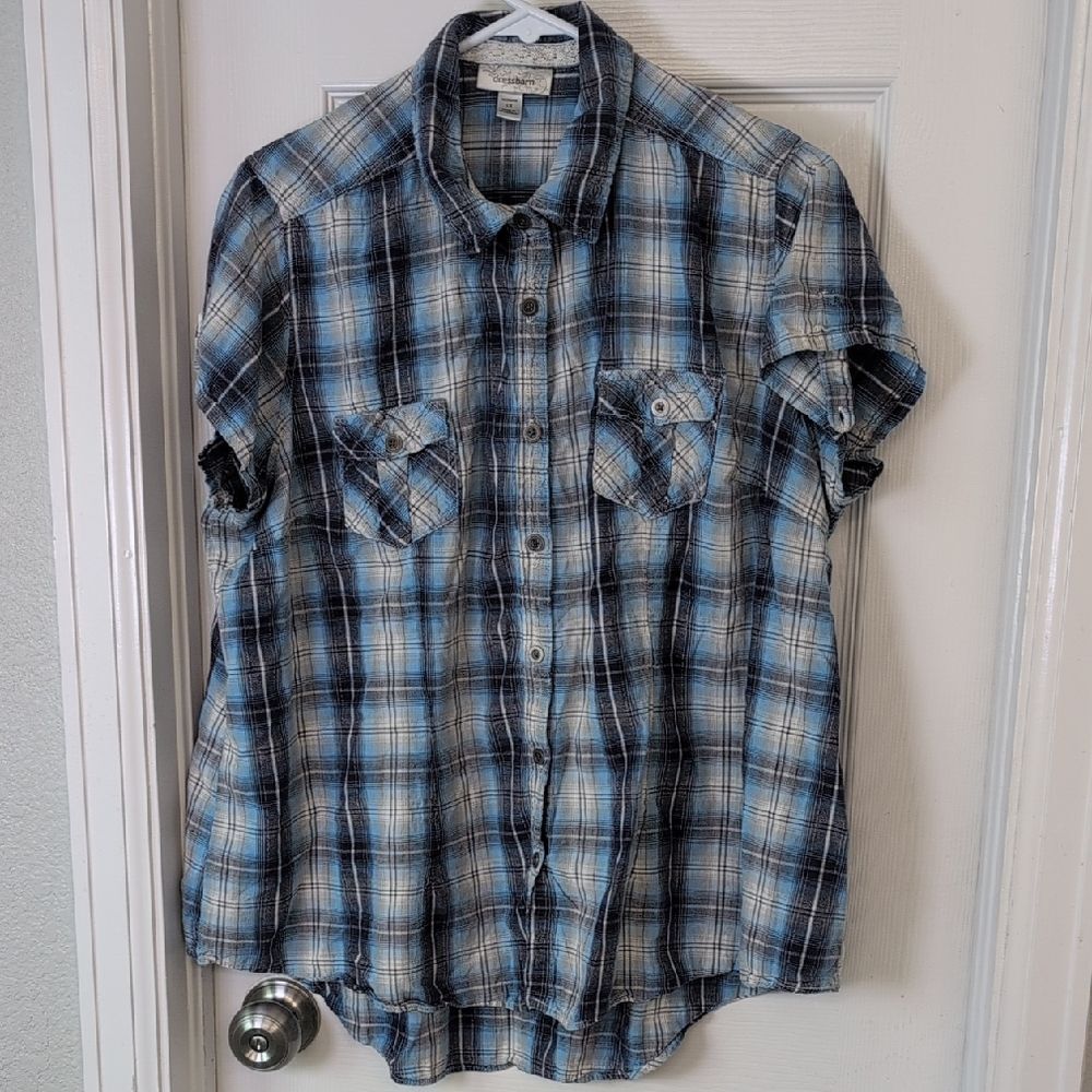 Dress Barn Blue and White Plaid Button Down Shirt